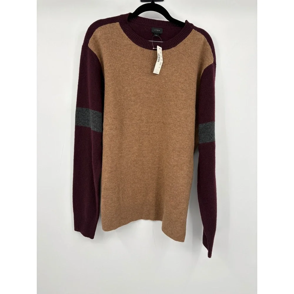 J. Crew Lambswool Colorblock Crewneck Sweater Burgundy Tan Gray Mens XL